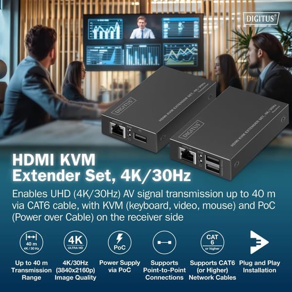 HDMI KVM förlängningskit - DIGITUS - DS-55357 - UHD 4k 30 Hz - Ultra låg latens - PoC