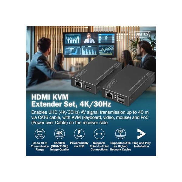 HDMI KVM förlängningskit - DIGITUS - DS-55357 - UHD 4k 30 Hz - Ultra låg latens - PoC