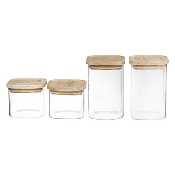 Set med 4 förvaringsburkar av glas och trä med lufttätt stapelbart lock Atmosphera