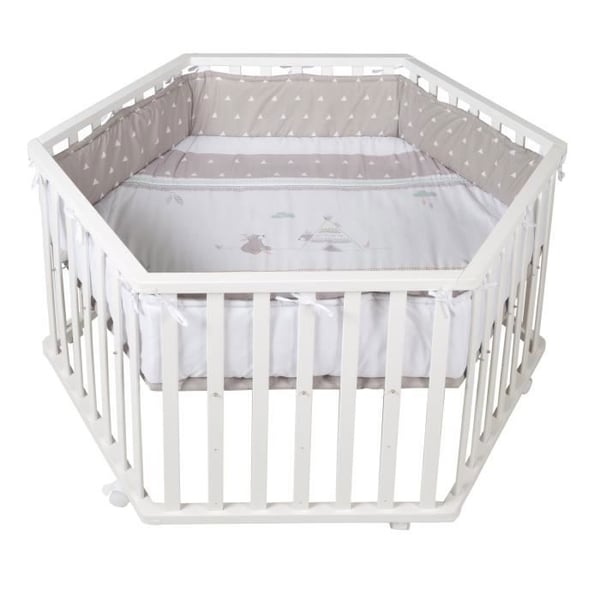 Parc Baby Hexagonal ROBA - Indibaer - Vit Trä - Skyddspark - 6 Hjul