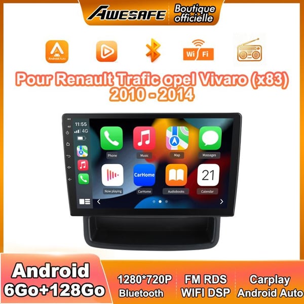 AWESAFE Autoradio Android 13 för Renault Trafic opel Vivaro(x83) (2010-2014) 6Go+128Go 10'' Skärm Carplay GPS Android Auto