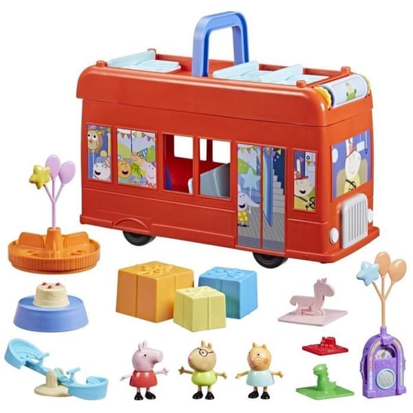 Peppa Pig, 2 i 1 Party Bus set med 3 figurer och 13 tillbehör, förskoleleksaker för flickor och pojkar, från 3 år