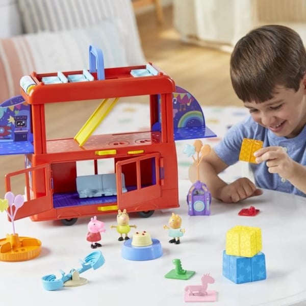 Peppa Pig, 2 i 1 Party Bus set med 3 figurer och 13 tillbehör, förskoleleksaker för flickor och pojkar, från 3 år