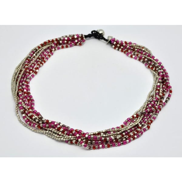 Nataraj - Collier 10 rader Silver och rosa