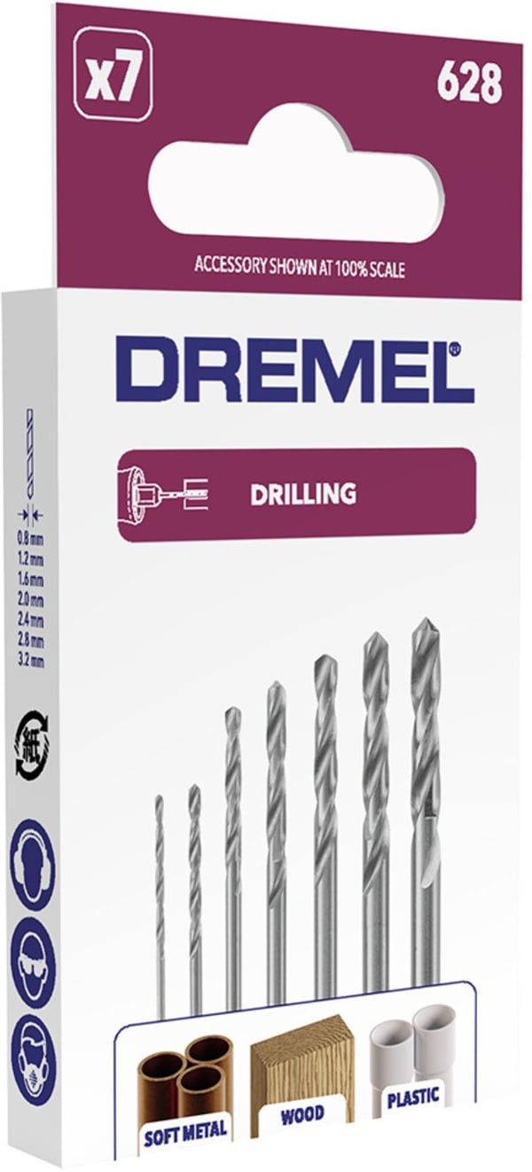 Set med 7 DREMEL 628 precisionsborrar - För borrning i trä och icke-järnmetaller från 0,8 till 3,2 mm