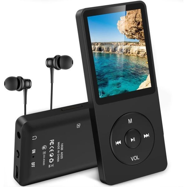 AGPTEK 16GB MP3-spelare med hörlurar, FM-radio, inspelning, e-bok 1,8" MP3-sportspelare, utbyggbar till 128GB - Svart
