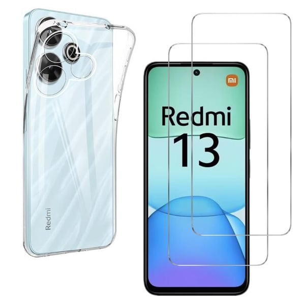Skydd för Xiaomi Redmi 13 - Phonillico® - Mjuk - Genomskinlig - 2 Härdat Glas - Repbeständig