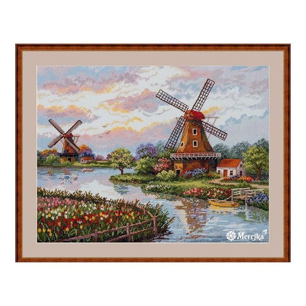 Kit för korsstygn - MEREJKA - Holländska vindmöllor K-167 - 30x40 cm - Aida 16ct blå - DMC 34 färger