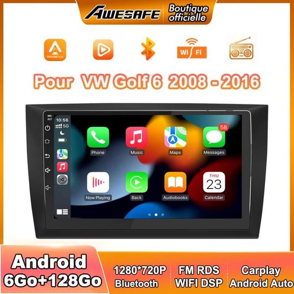 AWESAFE Autoradio Android 13 för VW Golf 6 (2008-2016) 6Go+128Go med 9'' Pekskärm Carplay GPS WiFi Bluetooth Android Auto