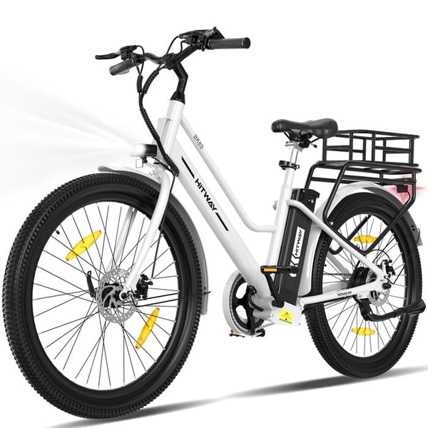 HITWAY Elcykel 27,5" - Motor 250W - Avtagbart Lithiumbatteri 36V 13Ah - APP - Vit + HITWAY Bakre Cykelkorg