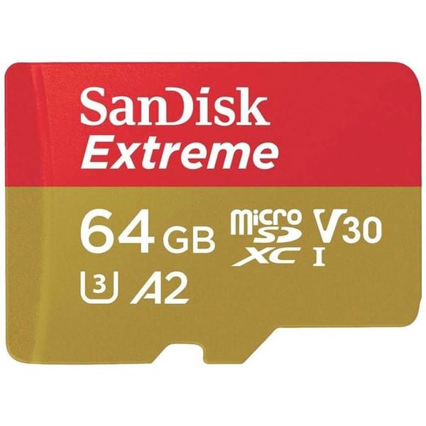 SanDisk Extreme microSD-kort 64 GB Klass 10, UHS-I, v30 Videohastighetsklass stötbeständig, vattentålig