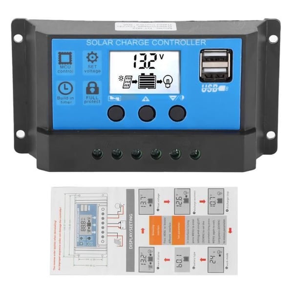GOTOTOP solcontroller Solcelleladekontrol LCD 30 A Automatisk identifikation 12 V 24 V Fuld PWM kontrol