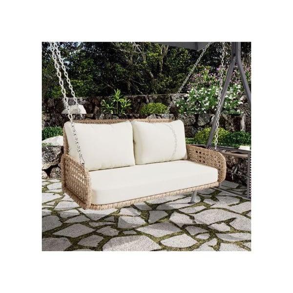 Rattan PE gynge, dobbelt sæde, med pude og 2 kæder (240 cm/stk), uden ramme, bæreevne 320 kg, beige