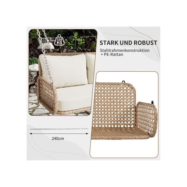 Rattan PE gynge, dobbelt sæde, med pude og 2 kæder (240 cm/stk), uden ramme, bæreevne 320 kg, beige