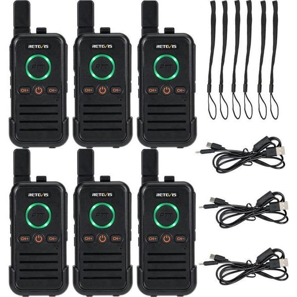 Retevis RB645 Walkie Talkie med hörsnäcka, professionell dubbel PTT, stora knappar, VOX, uppladdningsbar USB-C handsfree, hotell (6 st)