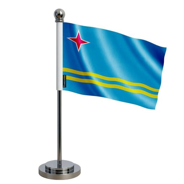 Aruba flagga bord – 14 x 21 cm – Polyester – Ställning i rostfritt stål – Pixelforma