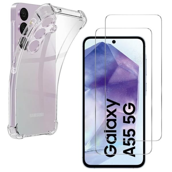 Stötabsorberande skal för Samsung Galaxy A55 5G och 2 stycken härdade glasskyddsfilmer Phonillico®