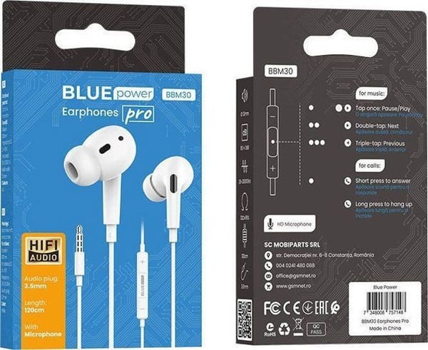 In-Ear Hörlurar - BLUE POWER - BBM30 - Vit - 3,5MM - Trådad