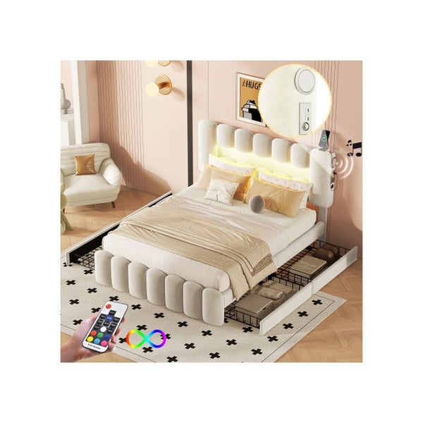Polstret seng - MUVOE - 140 x 200 cm - Beige - 4 skuffer - USB og stereo LED-strimmel