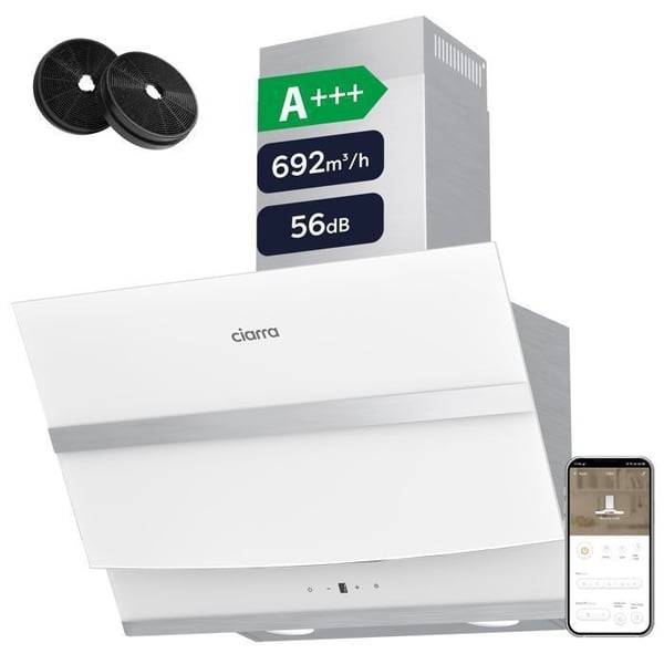 CIARRA CBCW6736N Vinklad Fläkt 60 cm Vit, 692m³/h, WiFi, Touch, A+++, Booster, Återvinning/utsläpp, Kolfilter ingår