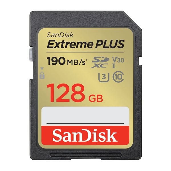 SanDisk Extreme PLUS SDXC-kortti 128 GB UHS-I iskunkestävä, vedenkestävä