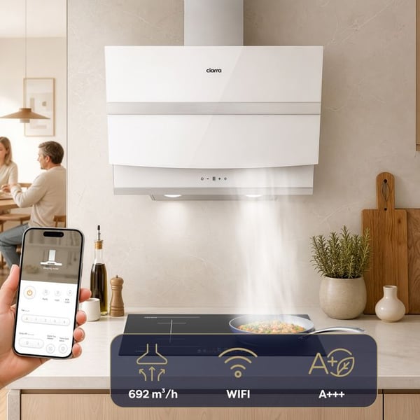 CIARRA CBCW6736N Vinklad Fläkt 60 cm Vit, 692m³/h, WiFi, Touch, A+++, Booster, Återvinning/utsläpp, Kolfilter ingår