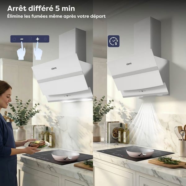 CIARRA CBCW6736N Vinklad Fläkt 60 cm Vit, 692m³/h, WiFi, Touch, A+++, Booster, Återvinning/utsläpp, Kolfilter ingår