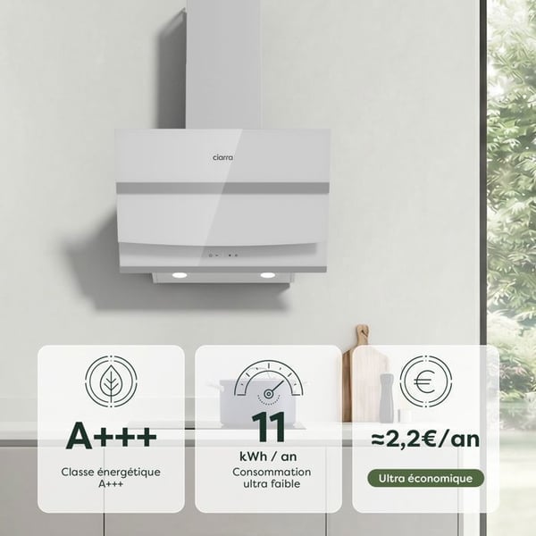 CIARRA CBCW6736N Vinklad Fläkt 60 cm Vit, 692m³/h, WiFi, Touch, A+++, Booster, Återvinning/utsläpp, Kolfilter ingår