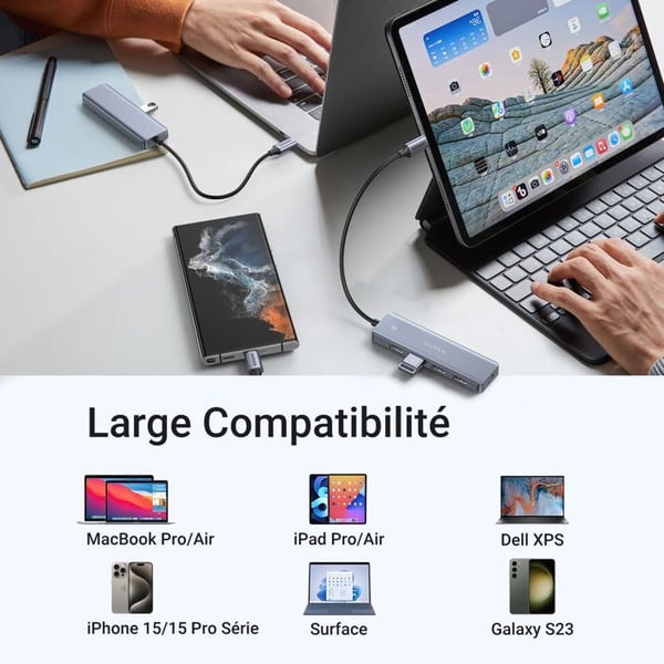 USB-hubb - UGREEN - 4 portar USB 3.0 + USB-C - Grå