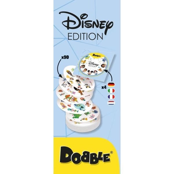 DOBBLE Disney, Snabbt och roligt kortspel för barn från 6 år, med Disneyhjältar, 5 Minispel, 2 till 8 spelare, Asmodee