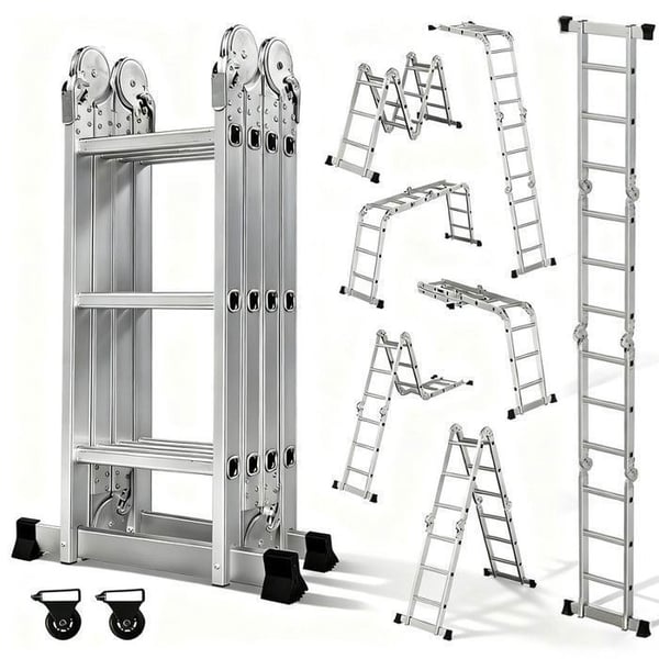 Multifunktionell stege OUTIGO, 7 i 1, hopfällbar, i aluminium, med 2 hjul, max belastning 150 kg, 12 steg.