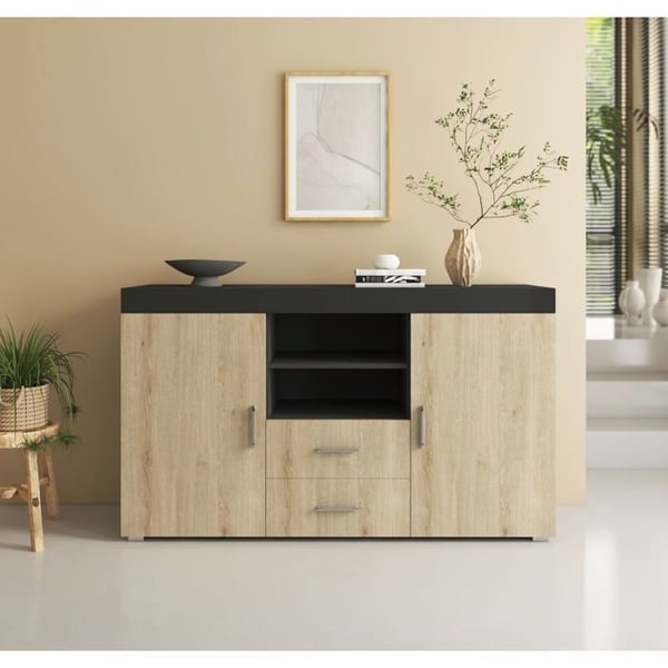 DESIGN AMEUBLEMENT - Modernt lågskåp - Blank svart & Sonoma - Melamin - 2 dörrar 2 lådor - 140x80x40 cm