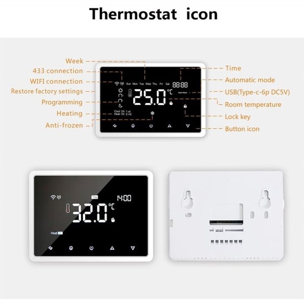 Termostat WiFi Intelligent - ARHATREYA - Röstkontroll - Veckoprogrammering - Vit