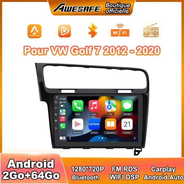 AWESAFE Autoradio Android 13 för VW Golf 7 (2012-2020) 2Go+64Go 10'' Pekskärm Bluetooth Carplay Android Auto GPS WiFi Svart