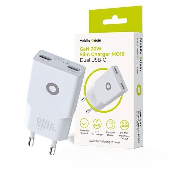 Strømforsyning - MOBILE ORIGIN - MO18 - Tynd oplader - 30 W - Dobbelt USB-C