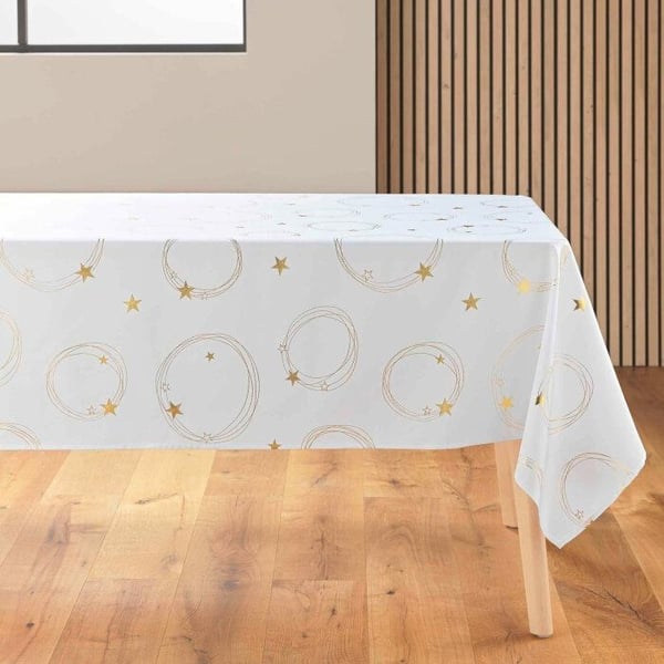 Rektangulär duk 150 x 300 cm polyester tryckt metalliserad stjärna Vit/guld