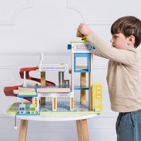 Garage til børn - LE TOY VAN - Den store garage - Inkluderer bil, helikopter og brændstofpumpe - Blå