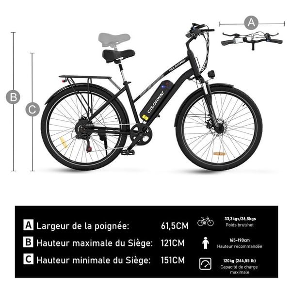 COLORWAY Sähköpyörä 28" VAE - E-BIKE MTB Irrotettava akku 36V 15Ah - Moottori 250W - Shimano 7 Vaihdetta - Musta