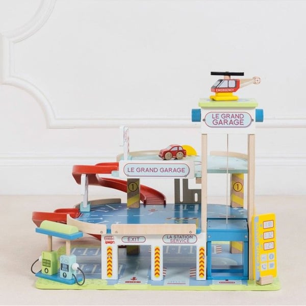 Garage til børn - LE TOY VAN - Den store garage - Inkluderer bil, helikopter og brændstofpumpe - Blå