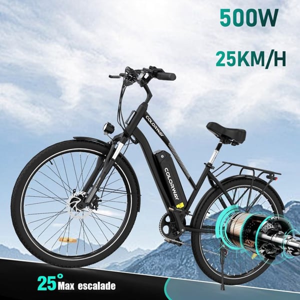 COLORWAY Sähköpyörä 28" VAE - E-BIKE MTB Irrotettava akku 36V 15Ah - Moottori 250W - Shimano 7 Vaihdetta - Musta
