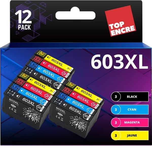 Bläckpatroner - TOPENCRE - 603XL - Paket med 12 - Hög kapacitet - Ljusa färger - Epson-kompatibel