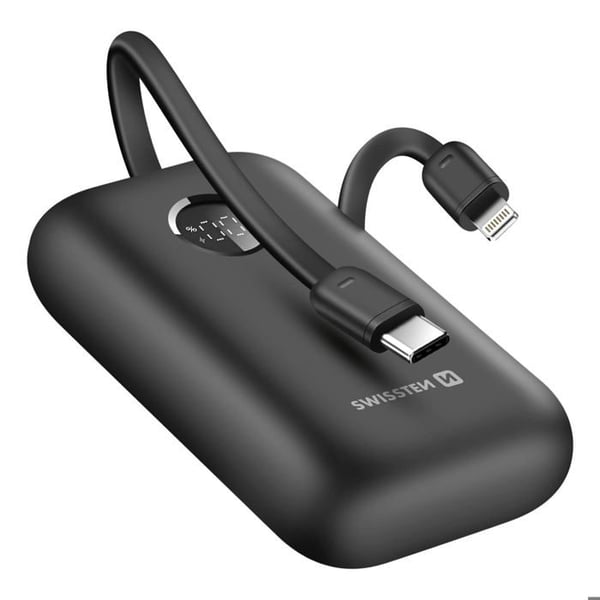 Bärbar Batteri 10000mAh Inbyggda USB-C och Lightning Kablar LED Skärm Swissten Svart