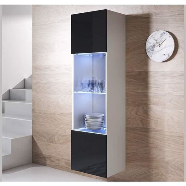 DESIGN AMEUBLEMENT - Modern vitrinskåp med LED - Vit & Svart - Blank melamin - 1 dörr, 4 fack - 40x165x29 cm