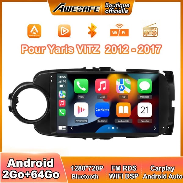 AWESAFE Android 13 bilradio för Yaris VITZ (2012-2017) 2Go+64Go med 9'' pekskärm Carplay GPS WiFi Bluetooth Android Auto