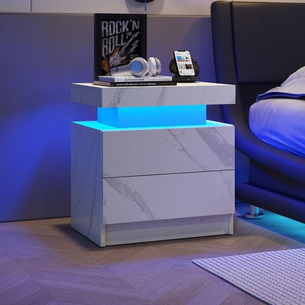 LED natbord - MUVOE - Hvid - 2 skuffer - Opbevaringsplads - Moderne design