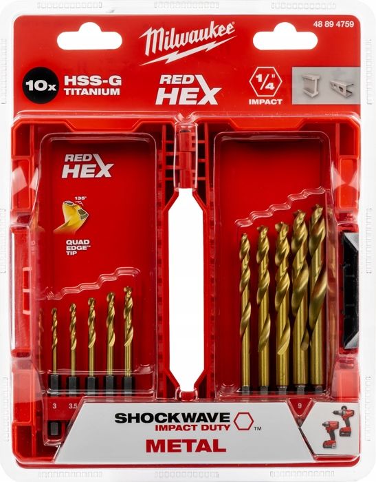 Borrset för metall HSS-G - MILWAUKEE - 10 delar - Ø 3-10 mm - Titanbeläggning - Hexagonstång 1/4"
