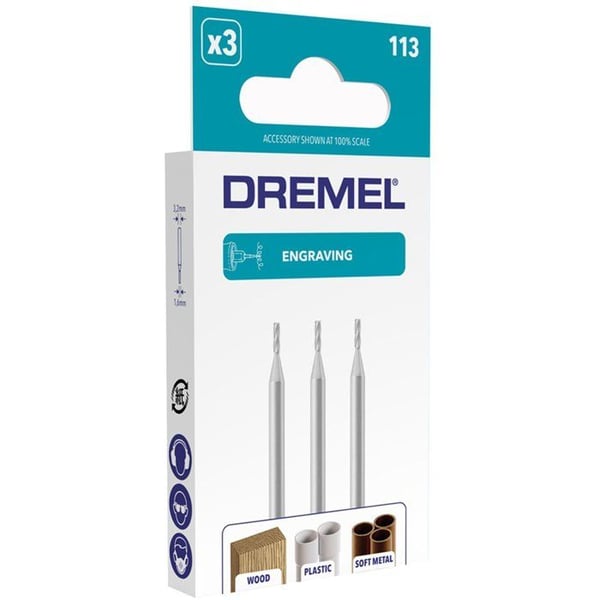 Sæt med 3 DREMEL 113 Graveringstænger (Cylindrisk, 1,6mm, til Udskæring og Gravering i Træ)