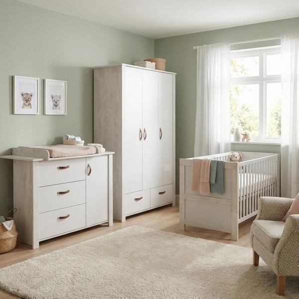 Komplett Babyrum ROBA Mila - Vänster 70x140 cm växande - Skötbord - 3-dörrars skåp - Ljusgrå