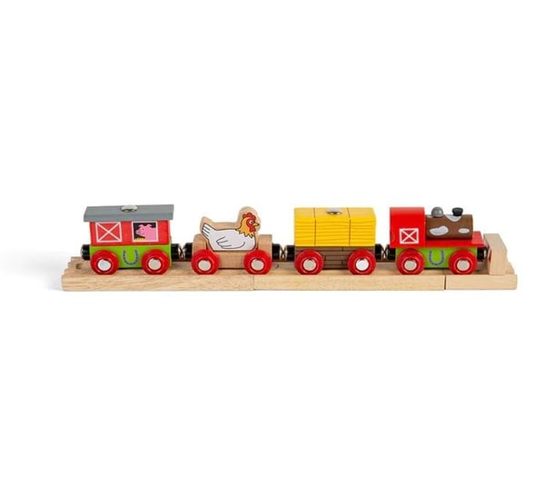 Lelu - Bigjigs Toys - Maatilapuinen juna - 1 veturi - 3 vaunua - 3 puisia kiskoja
