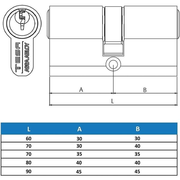 Dubbelcylinder TE5 - 30 x 30 mm Nyckel 13,2 för lås SMM - Förnicklad mässing - TESA - 52003030N